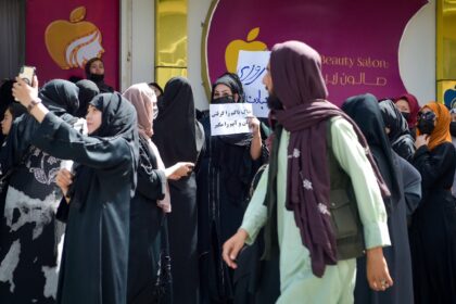 Afghan women protest against the ban on beauty parlours in the capital, Kabul