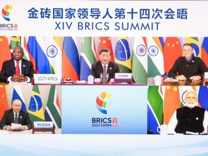 Chinese President Xi Jinping hosts the 14th BRICS Summit via video link in Beijing, capital of China, June 23, 2022. Xi delivered remarks titled "Fostering High-quality Partnership and Embarking on a New Journey of BRICS Cooperation" at the summit. South African President Cyril Ramaphosa, Brazilian President Jair Bolsonaro, Russian President …
