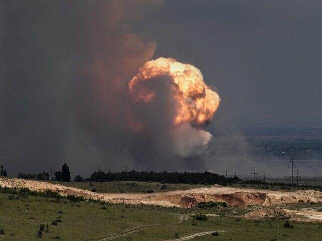 A picture shows detonation of ammunition caused by a fire at a military training field in the Kirovsky district of Crimea on July 19, 2023. Russian President Vladimir Putin has been informed about a fire at a military site in Moscow-annexed Crimea that forced authorities to evacuate thousands of civilians …