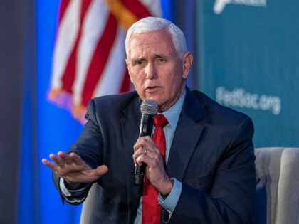 Former Vice President Mike Pence speaks at the Federalist Society Executive Branch Review conference, Tuesday, April 25, 2023, in Washington. (AP Photo/Alex Brandon)