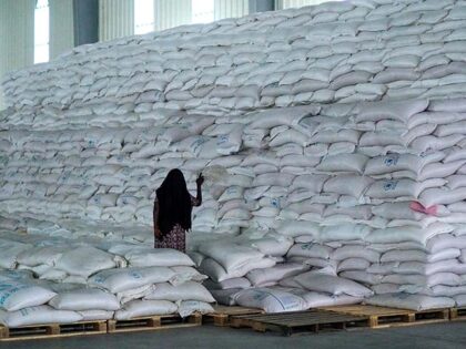 A worker walks next to a pile of sacks of food earmarked for the Tigray and Afar regions in a warehouse of the World Food Programme (WFP) in Semera, the regional capital for the Afar region, in Semera, Ethiopia, Feb. 21, 2022. The United Nations food relief agency has suspended …