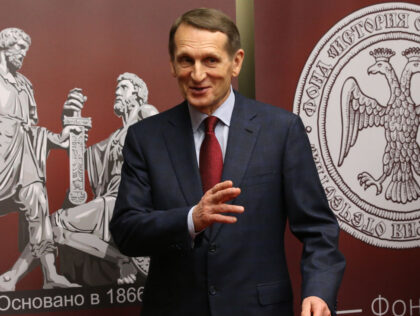 MOSCOW, RUSSIA - NOVEMBER, 24 (RUSSIA OUT): Russian Foreign Intelligence Service (SVR RF) Director Sergey Naryshkin gestures during the awards ceremony for the best history teachers, on November 24, 2021 in Moscow, Russia. (Photo by Mikhail Svetlov/Getty Images)