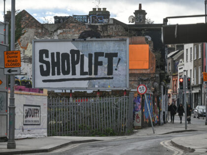 DUBLIN, IRELAND - FEBRUARY 12: A billboard 'Shoplift' seen in Portobello, Dublin, Ireland, on February 12, 2023. (Photo by Artur Widak/NurPhoto via Getty Images)