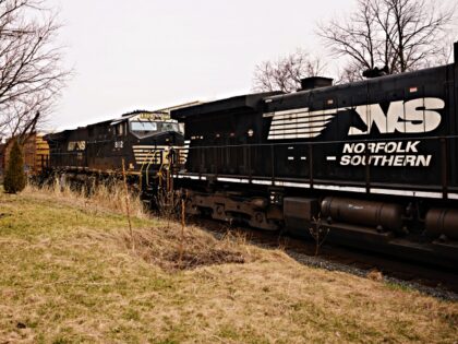 EAST PALESTINE, OH - FEBRUARY 14: A Norfolk Southern train is en route on February 14, 2023 in East Palestine, Ohio. Another train operated by the company derailed on February 3, releasing toxic fumes and forcing evacuation of residents. (Photo by Angelo Merendino/Getty Images)