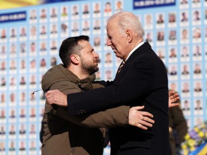 TOPSHOT - US President Joe Biden (R) is greeted by Ukrainian President Volodymyr Zelensky (L) during a visit in Kyiv on February 20, 2023. - US President Joe Biden made a surprise trip to Kyiv on February 20, 2023, ahead of the first anniversary of Russia's invasion of Ukraine, AFP …