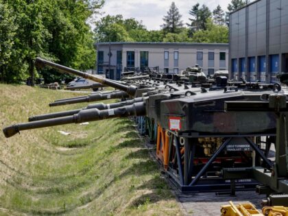 Tank turrets for Leopard 2A4 battle tanks are waiting to get into working order at the facility of German armaments company and automotive supplier Rheinmetall in Unterluess, northern Germany, on June 6, 2023. Since Russia invaded Ukraine, Germany has dropped a traditionally pacifist stance and become one of Ukraine's biggest …