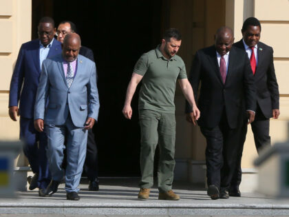 Prime Minister of Egypt Mustafa Madbuly, President of Senegal Macky Sall, President of the Union of Comoros Azali Assoumani, President of Ukraine Volodymyr Zelensky, President of South African Cyril Ramaphosa and President of Zambia Hakainde Hichilema walk to attend a joint press conference following their meeting in Kyiv, Ukraine on …