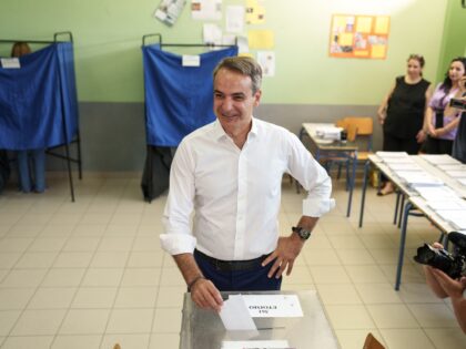 Kyriakos Mitsotakis, Greece's prime minister and leader of New Democracy party, casts his ballot at a polling station during parliamentary elections, in Athens, Greece, on Sunday, June 25, 2023. Greece is holding new elections after May's ballot failed to produce a government. Photographer: Konstantinos Tsakalidis/Bloomberg via Getty Images