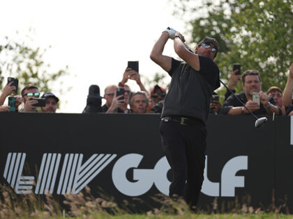 Phil Mickelson of the United States tees off on the 16th hole during day three of the LIV Golf Invitational at The Centurion Club on June 11, 2022 in St Albans, England. (Photo by Matthew Lewis/Getty Images)