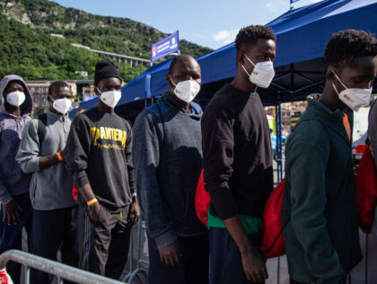 SALERNO, ITALY - JUNE 25: Migrants waiting after disembarking from the Aita Mari ship on June 25, 2023 in Salerno, Italy. 147 migrants were expected to disembark here after being rescued in the Mediterranean Sea by the Aita Mari, a ship launched by the Salvamento Maritimo Humanitario. (Photo by Ivan …