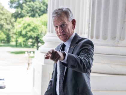 Sen. Tommy Tuberville, R-Ala., talks with reporters after the senate luncheons in the U.S. Capitol on Tuesday, July 11, 2023. (Tom Williams/CQ-Roll Call, Inc via Getty Images)