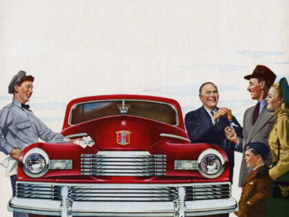 Vintage illustration of a 1940s family receiving the keys to their brand new car (screen print), 1947. (Photo by GraphicaArtis/Getty Images)