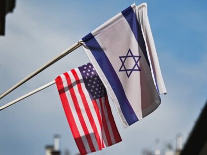 Israeli and U.S. flags seen in Krakow. On Sunday, August 28, 2022, in Krakow, Lesser Poland Voivodeship, Poland. (Photo by Artur Widak/NurPhoto via Getty Images)
