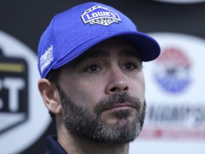 Driver Jimmie Johnson listens to a reporter's question prior to qualifying for the NASCAR Cup Series 301 auto race at New Hampshire Motor Speedway in Loudon, N.H., Friday, Sept. 22, 2017. (Charles Krupa/AP)