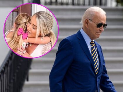 (INSET: Lunden Roberts and daughter Navy Joan) US President Joe Biden exits the White House before boarding Marine One in Washington, DC, US, on Thursday, July 6, 2023. Biden will announce a $60 million investment from Enphase Energy Inc., a manufacturer of solar-energy equipment, when he travels today to South …