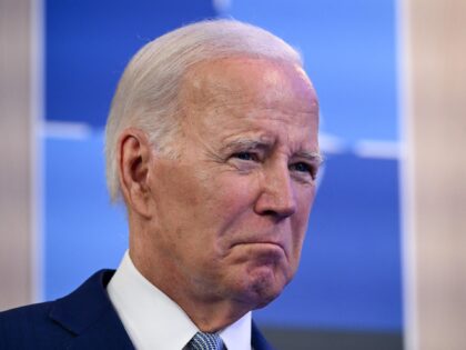 US President Joe Biden reacts during a statement with the NATO Secretary General before the bilateral meeting on the sidelines of the NATO Summit in Vilnius on July 11, 2023. (Photo by ANDREW CABALLERO-REYNOLDS / AFP) (Photo by ANDREW CABALLERO-REYNOLDS/AFP via Getty Images)