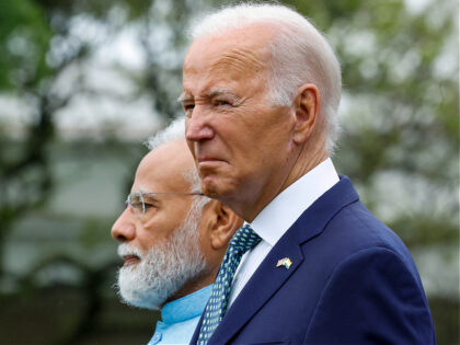 WASHINGTON, DC - JUNE 22: U.S. President Joe Biden (R) and Indian Prime Minister Narendra Modi participate in an arrival ceremony at the White House on June 22, 2023 in Washington, DC. Biden and Prime Minister Modi will later participate in a meeting in the Oval Office, a joint press …