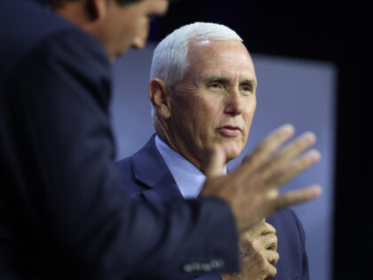 DES MOINES, IOWA - JULY 14: Republican presidential candidate, former Vice President Mike Pence fields questions from former Fox News Television personality Tucker Carlson at the Family Leadership Summit on July 14, 2023 in Des Moines, Iowa. Several Republican presidential candidates were scheduled to speak at the event, billed as …