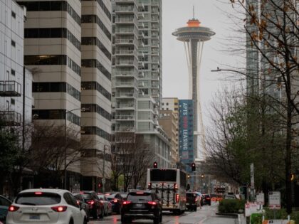SEATTLE, WA. - APRIL 7: A view of the Space Needle from the Amazon headquarters campus on Thursday, April 6, 2023, in the South Lake Union neighborhood of Seattle, Wash. (Photo by Jovelle Tamayo/ forThe Washington Post via Getty Images)