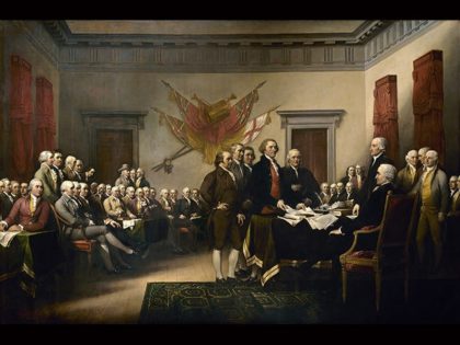 John Trumbull's painting "Declaration of Independence" depicting the five-man drafting committee of the Declaration of Independence presenting their work to the Congress.