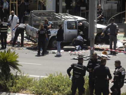 TEL AVIV, ISRAEL - JULY 04: Israeli security and rescue forces examine the scene of a terror attack on July 4, 2023 in Tel Aviv, Israel. Seven people were injured after a car rammed into pedestrians, the driver then stabbed several people before being neutralised, according to Israeli officials. (Amir …