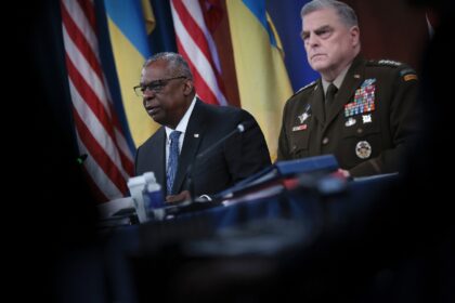 US Secretary of Defense Lloyd Austin (L) and Chairman of the Joint Chiefs of Staff General Mark MIlley (R) participate in a virtual meeting of the Ukraine Defense Contact Group on July 18, 2023