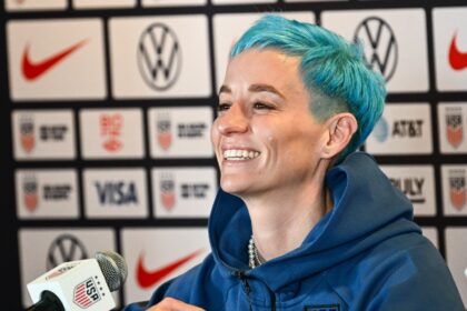 US veteran Megan Rapinoe speaks during a press conference for the USA Women's World Cup team