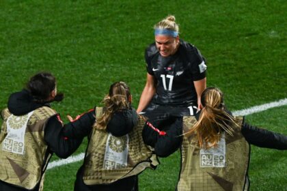 New Zealand's forward Hannah Wilkinson celebrates her goal