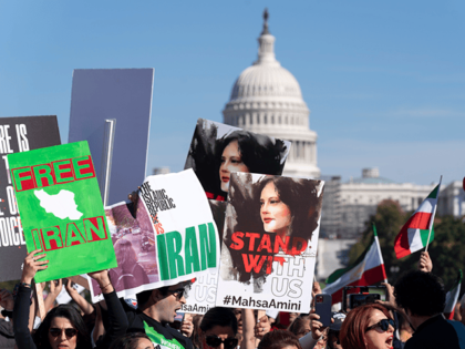 Demonstrators rally at the National Mall in Washington to protest against the Iranian regime, Oct. 22, 2022, following the death of Mahsa Amini in the custody of the Islamic republic's notorious "morality police." The United Nations announced Tuesday, May 2, 2023, that its premiere prize for press freedom has been …